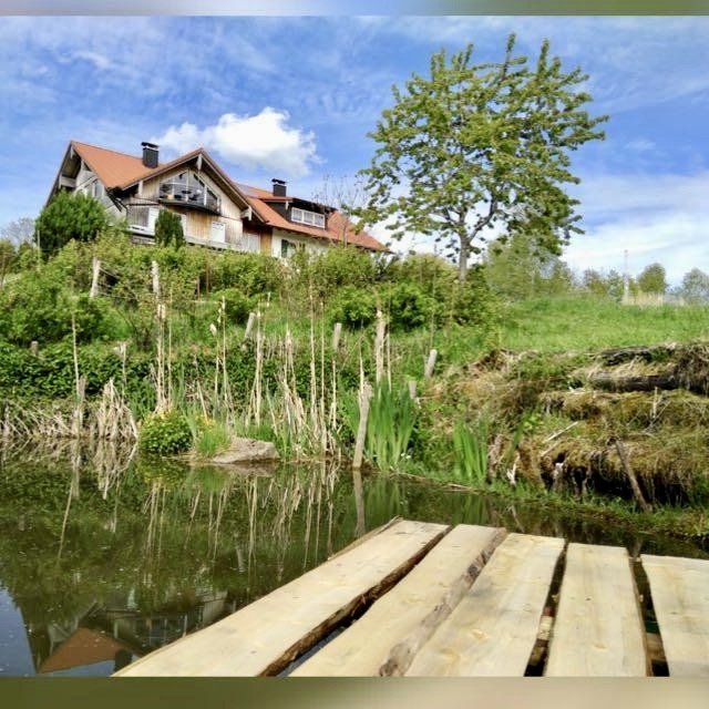 Badesee mit Blick auf das Haus